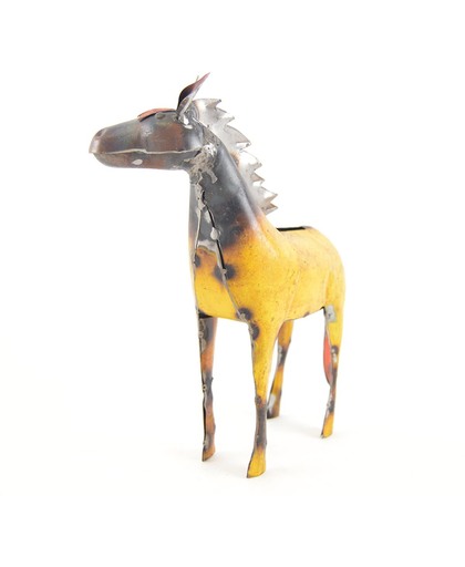 Spaarpot paard goudgeel met rode manen van gerecycled metaal