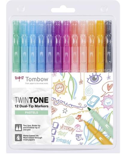 Tombow TwinTone Marker Set – Pastel Colours - Set van 12 + verpakt in een  A5 Zipperbag