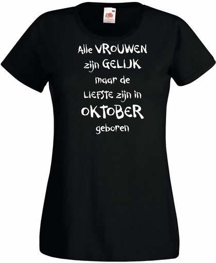 Mijncadeautje - T-shirt - zwart - maat S- Alle vrouwen zijn gelijk - oktober