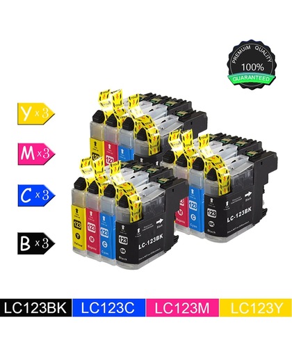 12 Pack Compatibel voor Brother LC123 3 Zwart, 3 Cyan, 3 Magenta, 3 Geel voor Brother MFC-J6720DW, MFC-J6920DW, MFC-J870DW, MFC-J6520DW