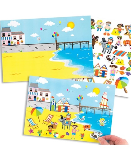Een vel met het strand en de zee en stickers met strandthema voor kinderen om te ontwerpen, maken en op te hangen – creatieve stickerknutselset voor kinderen (verpakking van 4)