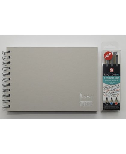 Handlettering A5 Wire-O gebonden Oefenboek (Omslag Grijs) + Set van 3 Sakura Pigma Micron PN Pennen - (Zwart / Rood / Blauw)