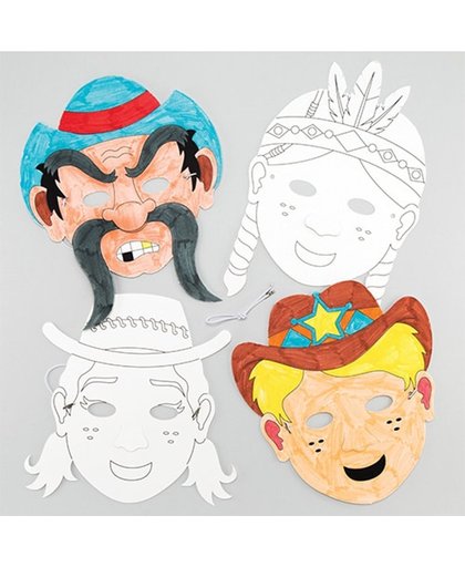 Inkleurbare maskers met wildwest-thema voor kinderen om te maken en versieren - Knutselset voor kinderen (6 stuks per verpakking)