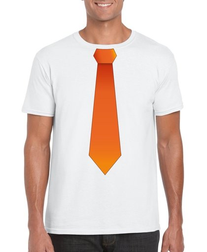 Wit t-shirt met oranje stropdas heren - Koningsdag / oranje supporter L