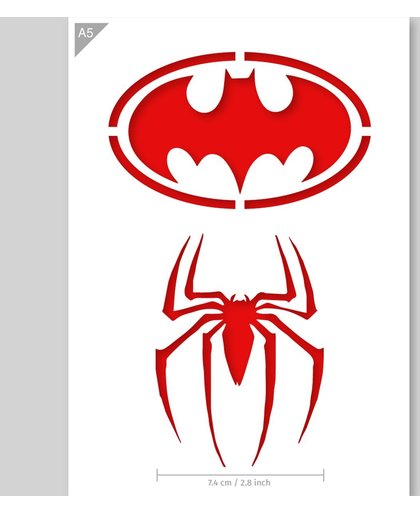 A5 Sjabloon Batman en Spiderman Logo’s – Kunststof Stencil - Logo Spiderman is 7,4cm breed
