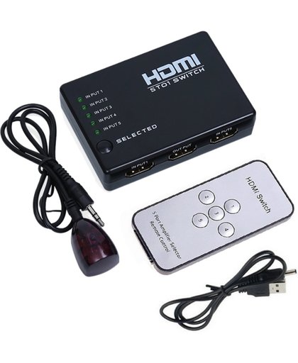 HDMI switch HD 1080p Intelligent 5x1 5 PORT Splitter HUB + IR-afstandsbediening en AC Adapter voor HD-TV PS3 ondersteunt 3D