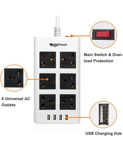 Universeel stekkerdoos met 6 stroomaansluitingen 4 USB poorten – 100V tot 220V/250V - tot 2500 Watt spanningsbeveiliging – met verlichte schakelaar