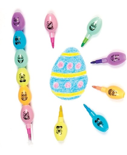 Set stapelkrijtjes eieren met funky gezicht voor kinderen. Vulling voor feesttasje voor Pasen/lente of cadeautje voor kinderen (verpakking van 4)