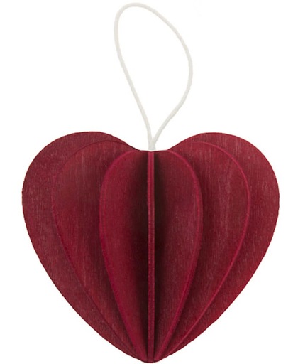 Lovi houten wens-/briefkaart met 3D hart 6,8 cm - donkerrood