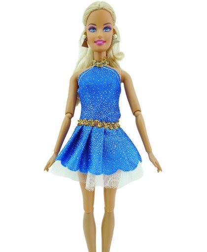 Kort blauw jurkje met zilveren, en goud kleurige details voor de Barbie pop NBH®