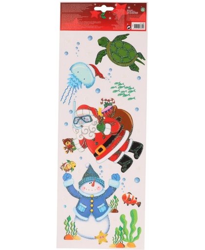 Kerst decoratie raamstickers snorkelende Kerstman 42 cm