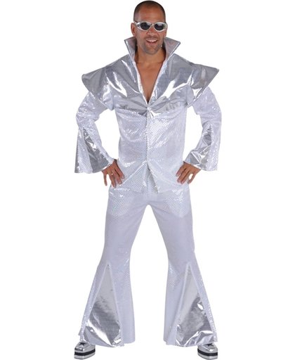 Cool Disco kostuum voor heren - maat M-L - Wit met wijde pijpen en zilveren lovertjes.