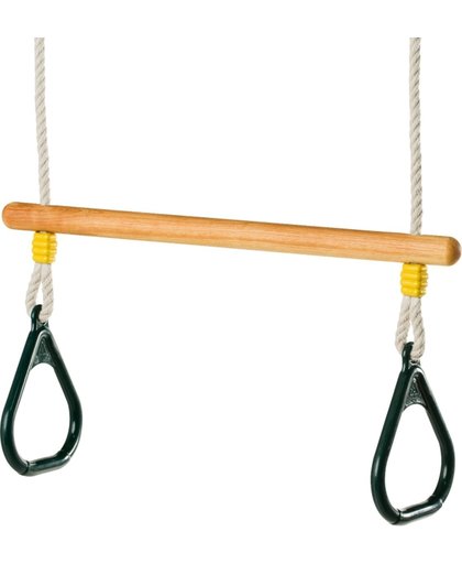 D ko-play trapeze  van essen hout behandeld met lijnzaadolie met kunststof driehoek ringen groen