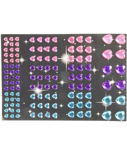 Hartjes diamant strass stickertjes roze, paars en blauw 120 stuk