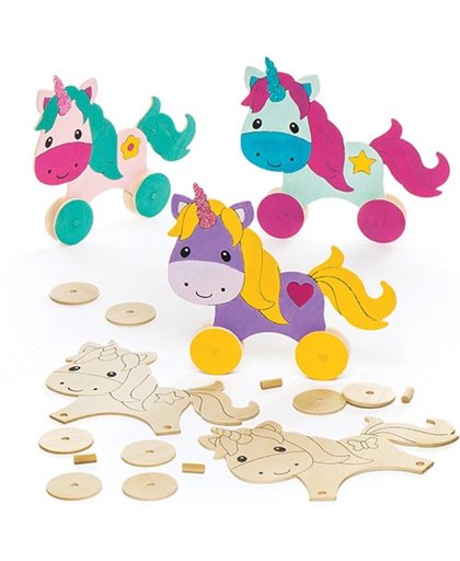 Sets met houten racers in de vorm van een eenhoorn voor kinderen om te maken en te versieren - Creatieve speelgoedknutselset voor kinderen (4 stuks per verpakking)