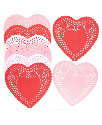 Rode, roze en witte hartvormige onderleggers waar kinderen en volwassenen mee kunnen knutselen. Tafelversiering voor Valentijnsdag (verpakking van 75)