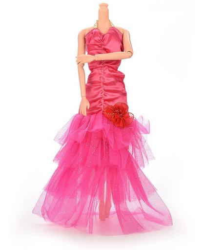 Rode Prinsessenjurk, baljurk of trouwjurk met rondom 3 lagen kant voor de Barbie pop - NBH®