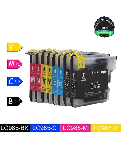 8 Compatibele inktcartridges voor Brother Brother LC985 - Brother MFC-J265W, Brother MFC-J410, Brother MFC-J415W - 2 Zwart, 2 Cyan, 2 Magenta, 2 Geel