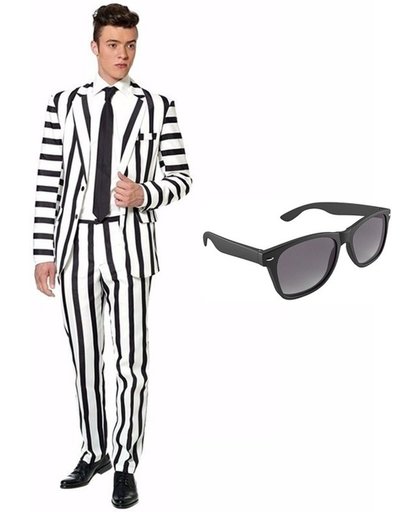 Zwart/wit gestreept print heren kostuum / pak - maat 50 (L) met gratis zonnebril