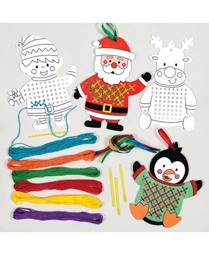 Borduursets met afbeelding van kersttrui, die kinderen kunnen maken, inkleuren en neerzetten met de kerst. Creatieve knutselset voor kinderen en beginners (6 stuks)