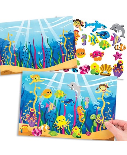 Een vel met de zee en stickers van zeedieren voor kinderen om te ontwerpen, maken en op te hangen – creatieve stickerknutselset voor kinderen (verpakking van 4)