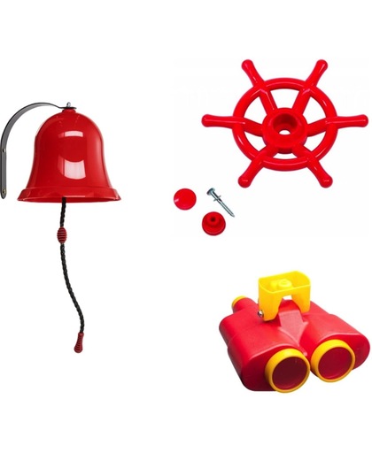 Pakket rood 2, met een verrekijker, een bootstuur en een bel