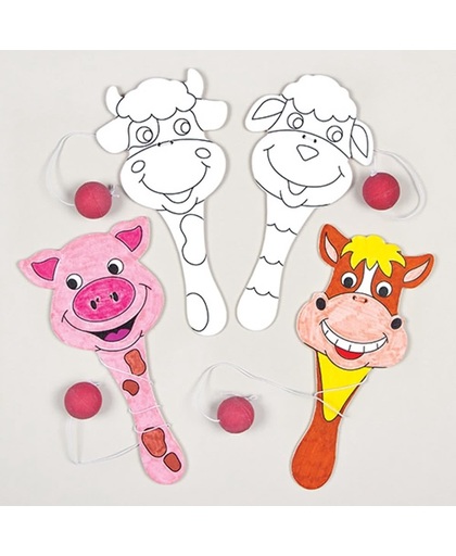 Speelgoed houten bats met boerderijdieren om in te kleuren - feestartikelen voor kinderen ideaal om cadeau te geven (4 stuks)