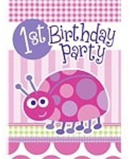 Uitnodigingen setje van 8x 1e verjaardag roze lieveheersbeestje