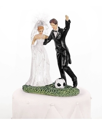 Bruiloft poppetjes bruidspaar met voetbal - Trouwfiguurtjes taarttopper