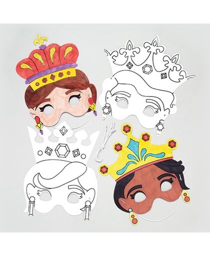 Inkleurbare maskers van prinsessen voor kinderen om te maken en versieren - Knutselset voor kinderen (6 stuks per verpakking)