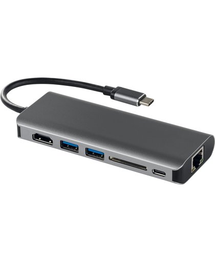 DELTACO USBC-1266 USB-C Docking station met HDMI, RJ45, 2xUSB Type A, USB-C-poort voor opladen, geheugenkaartlezer, zwart