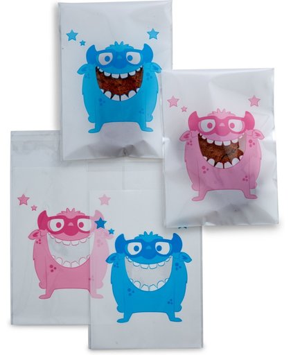100 x Transparante Uitdeelzakjes voor kindertraktatie op school - blauw en roze Cookie Monster patroon - 9,5 x 13 cm