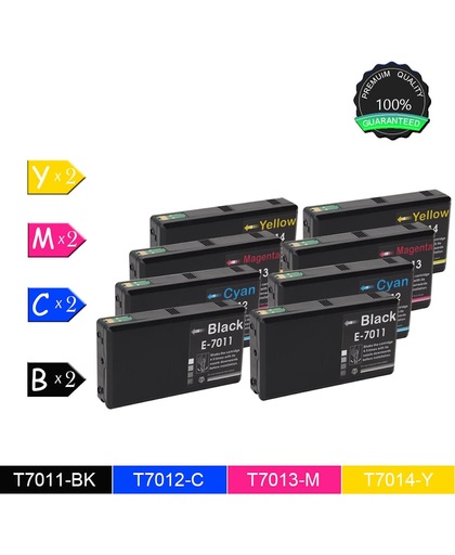 8 Compatibele inktcartridges voor Epson T7011 - Epson WorkForce Pro WP-4015DN, WP-4025DW, WP-4095 DN*6, WP-4515DN - 2 Zwart, 2 Cyan, 2 Magenta, 2 Geel