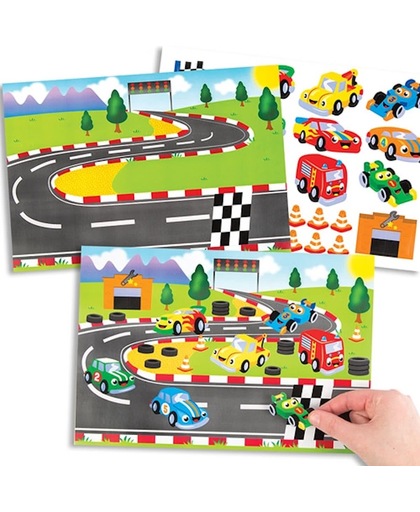 Een vel met een racebaan en stickers van raceauto's voor kinderen om te ontwerpen, maken en op te hangen – creatieve stickerknutselset voor kinderen (verpakking van 4)