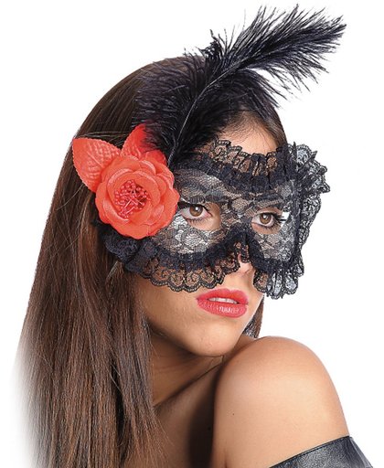 Oogmasker met zwart kant, roos en veren deluxe - Verkleedmasker