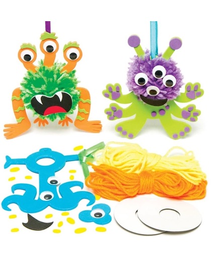 Sets met aliens met pompons. Creatieve knutselset voor kinderen om te maken, versieren en mee te spelen (3 stuks)
