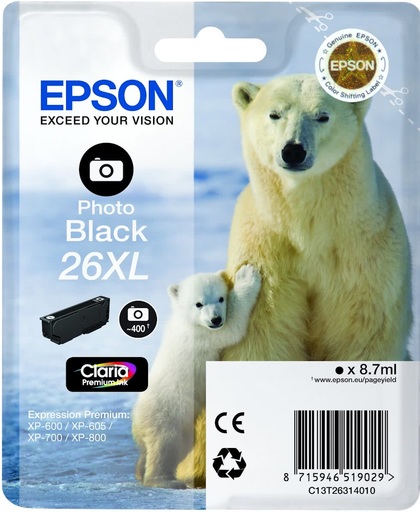 Epson 26XL T2631 - Inktcartridge / Foto Zwart / Hoge Capaciteit