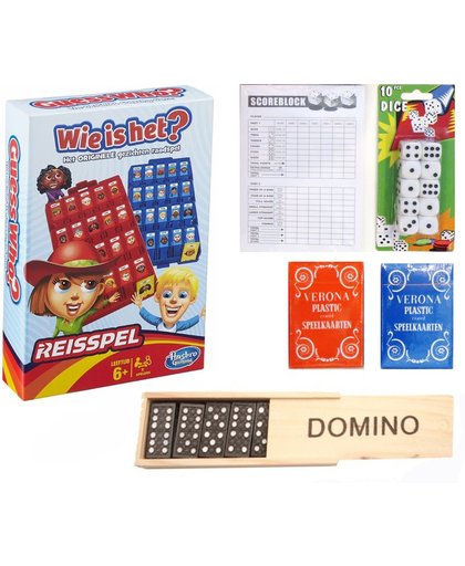 Vakantie Reis spelletjes pakket. Spel Wie is het ?  reis editie – Domino - Yatzee score kaarten – 10 dobbelstenen – 2 pakken speelkaarten.