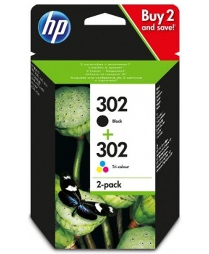 HP 302 originele zwarte/drie-kleuren inktcartridges, 2-pack inktcartridge