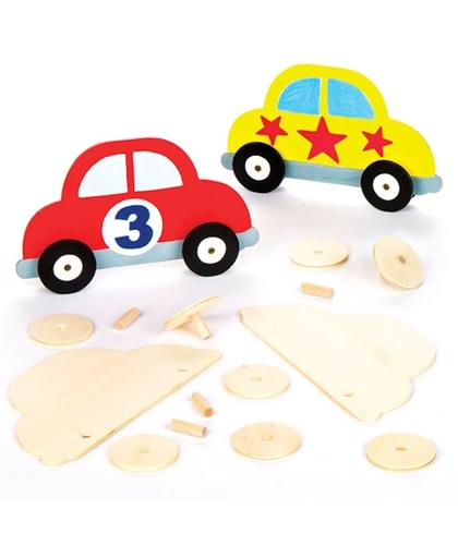 Houten sjabloonsets van auto's voor kinderen om te verven, versieren en neer te zetten – creatieve knutselset voor kinderen (5 stuks per verpakking)