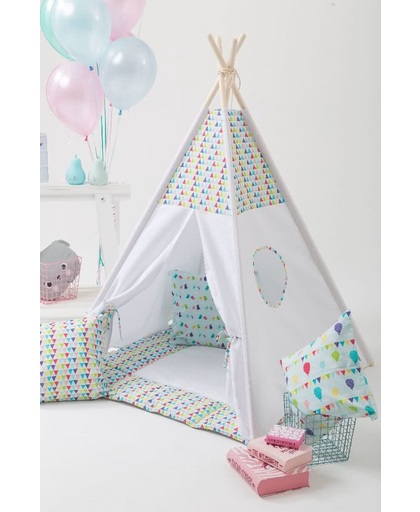 Tipi Tent - Speeltent - Tent -Wigwam - Witte Tipi met kleurig / vrolijk patroon - Inclusief  Speelmat & Kussensloop