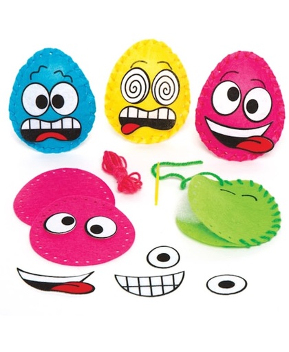 Naaisets voor eieren met grappige gezichten die kinderen kunnen maken en versieren voor de Pasen. Lenteknutselset voor kinderen (verpakking van 4)