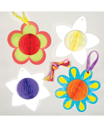 Honingraat-bloemversieringen die kinderen kunnen maken, inkleuren en versieren. Lenteknutselset voor kinderen (verpakking van 5)