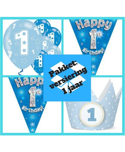 1 jaar versiering jongen - Decoratie + verjaardagskroontjes 1 jaar pakket blauw ster (pakket 7.)