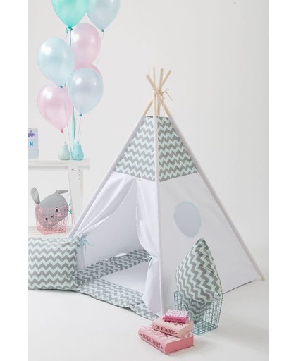 Tipi Tent - Speeltent - Tent -Wigwam - Mint / Grijs Zigzag patroon - Inclusief Speelmat & Kussensloop