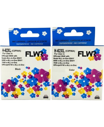FLWR - Inktcartridge / 62XL 2-pack / Zwart / Kleur - geschikt voor HP