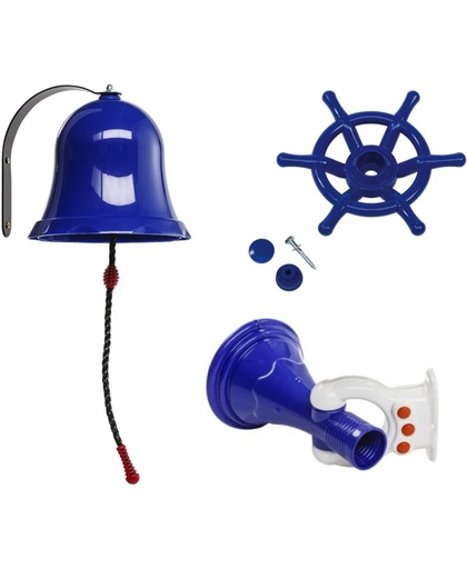 Pakket blauw 2, met een megafoon, een bel en een bootstuur