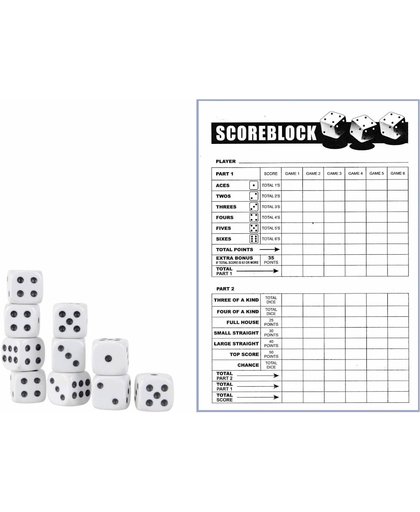 Yahtzee Scoreblok + 10x Witte Dobbelstenen - Spel voor op Reis - Scoreblock - Dobbelspellen - Spellen