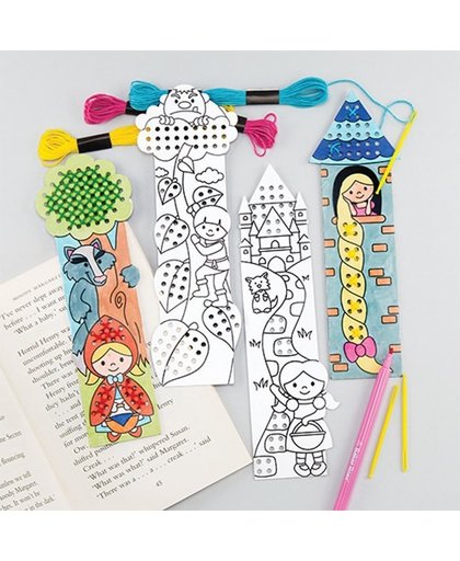 Sets met inkleurbare te borduren boekenleggers met sprookjesthema voor kinderen om te maken en versieren - Knutselset voor kinderen (5 stuks per verpakking)