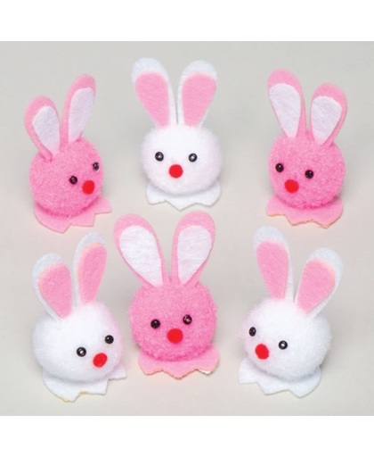 Gekleurde mini-pomponkonijntjes die kinderen kunnen gebruiken om paasknutselwerkjes te versieren. Leuk voor in een feesttasje in de lente (doos van 10)